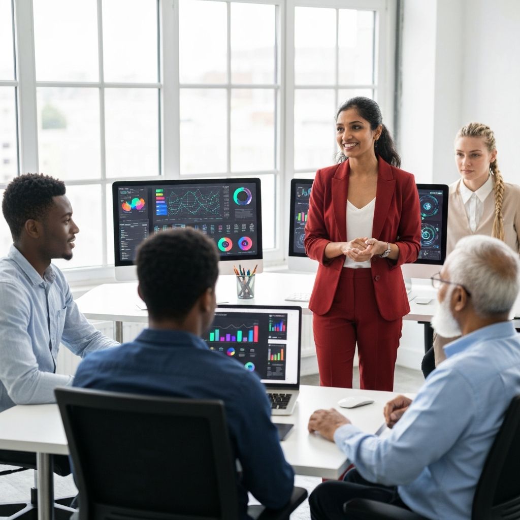 Team analyzing AI visibility data on multiple screens